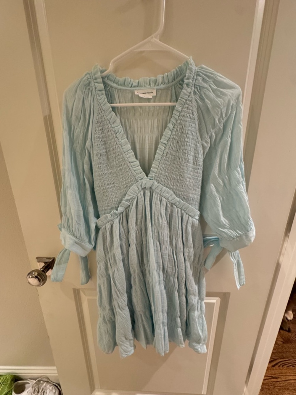 Lovers + Friends Powder Blue Smocked V-Neck Mini Dress